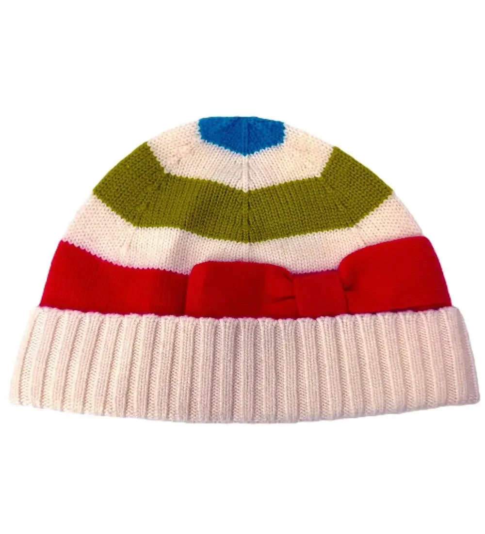 Kate Spade 100% Wool Beanie Hat One Size White Multicolor Striped Red Bow Ribbed